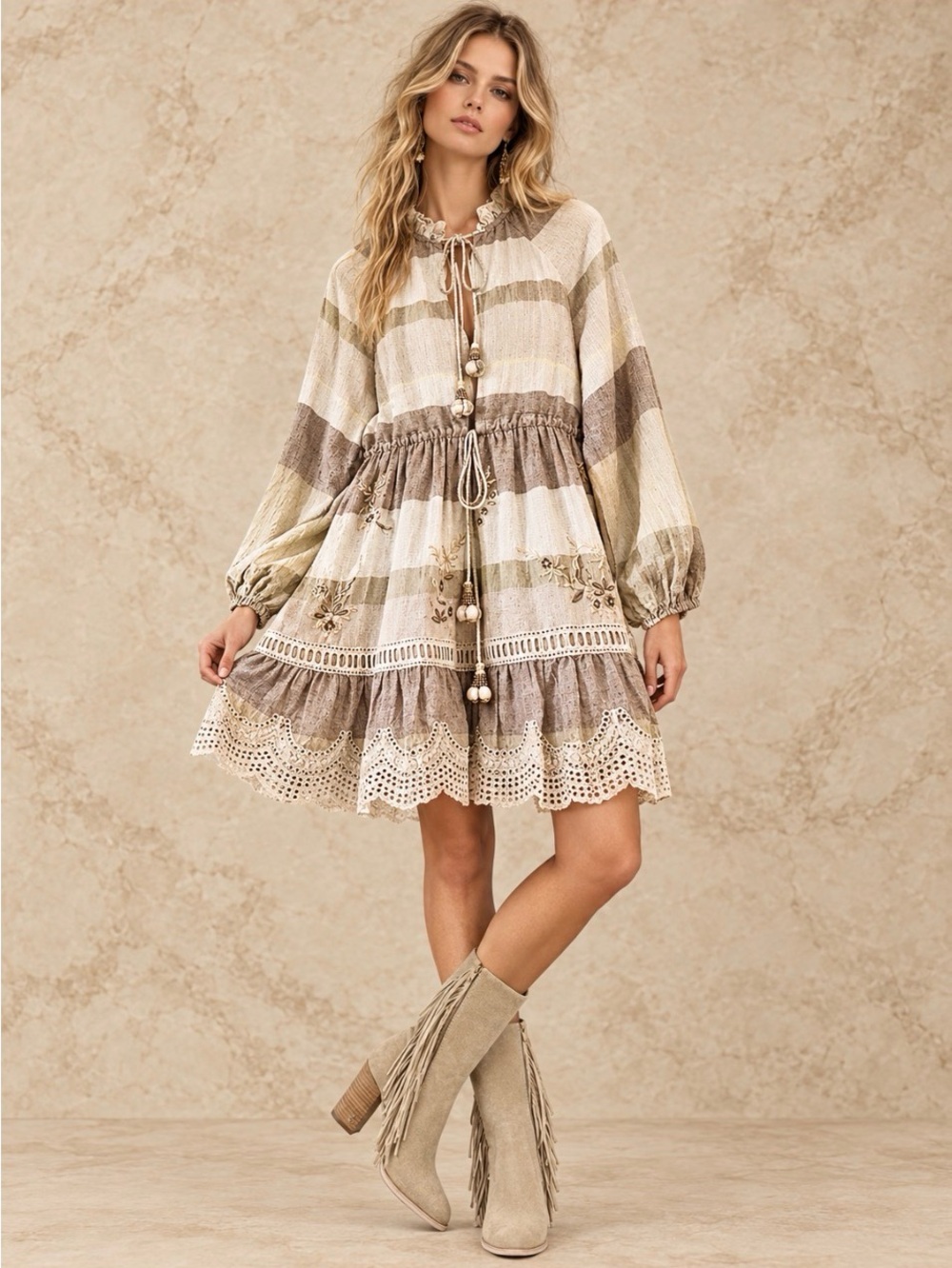 HEMANT & NANDITA Mana Embroidered Bohemian Mini Dress Beaded Tassels M MSRP $330